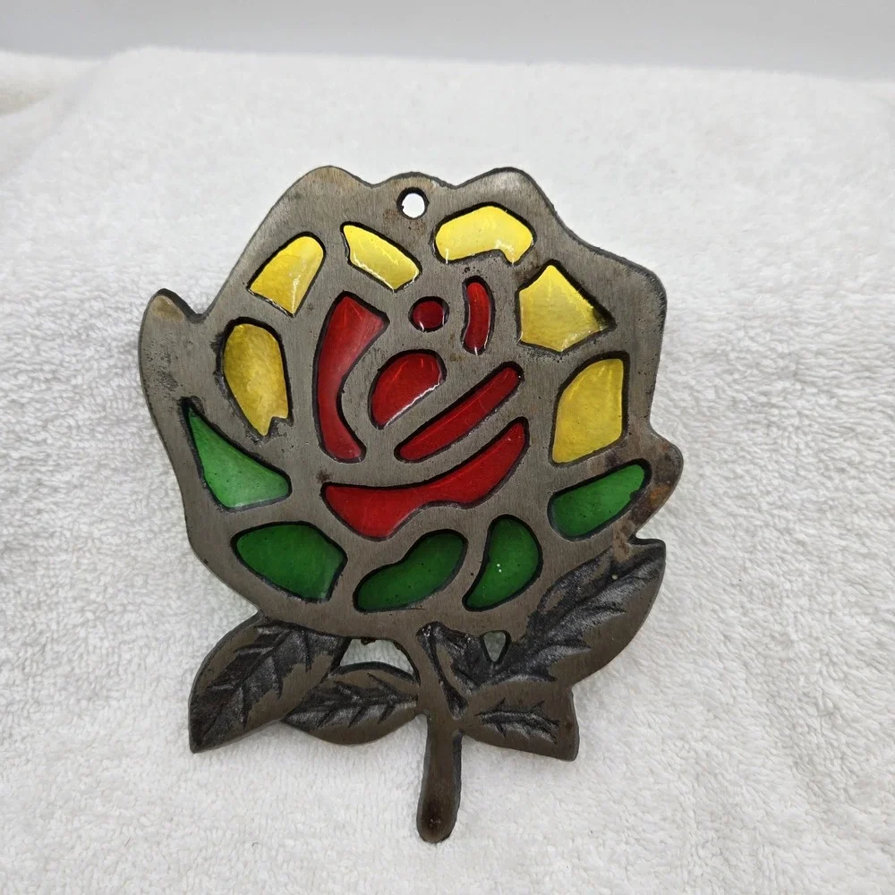 Vintage ROSE TRIVET Metal Stained Glass Look Wall Hanger Decor w/Feet Red Yellow